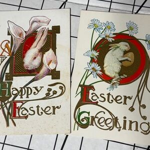 Pair Antique 1907–1912 Embossed Easter Postcards Bunny Rabbit Calla Lily
